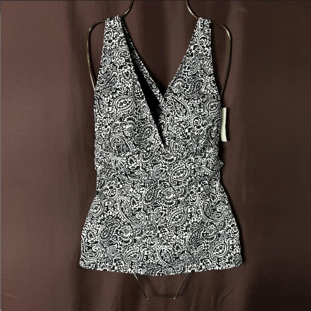 Lands'‎ End Women's XS, XS-M LONG V-Neck Plunge X Back Tankini Top Black/White